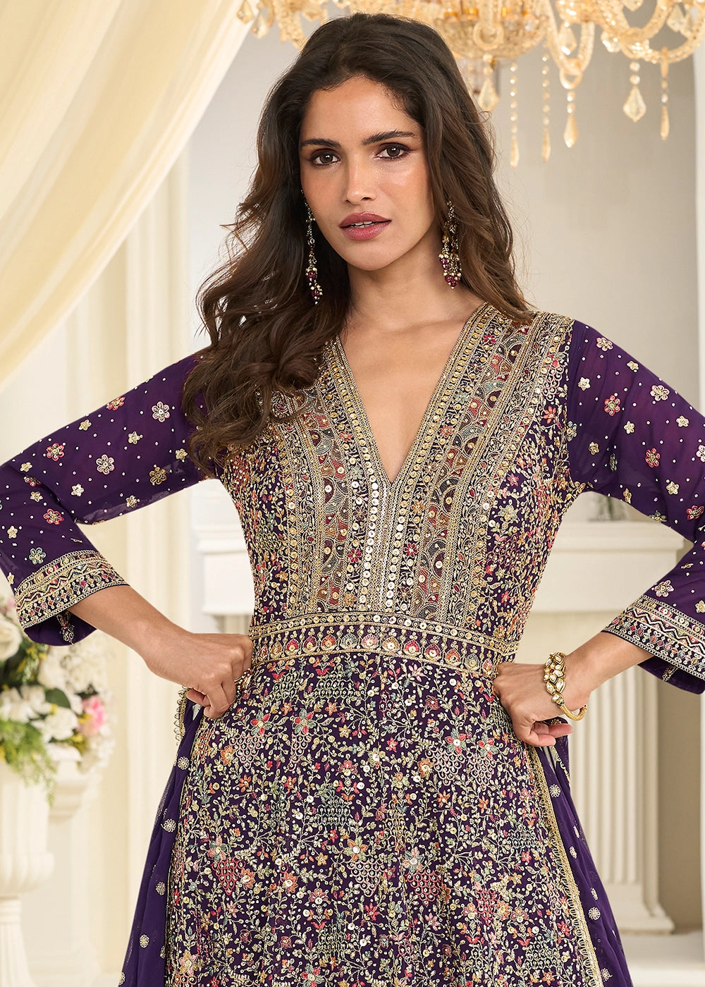 Indigo Purple Georgette Anarkali Gown with All-Over Zarkan Embroidery