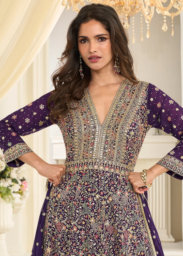 Indigo Purple Georgette Anarkali Gown with All-Over Zarkan Embroidery