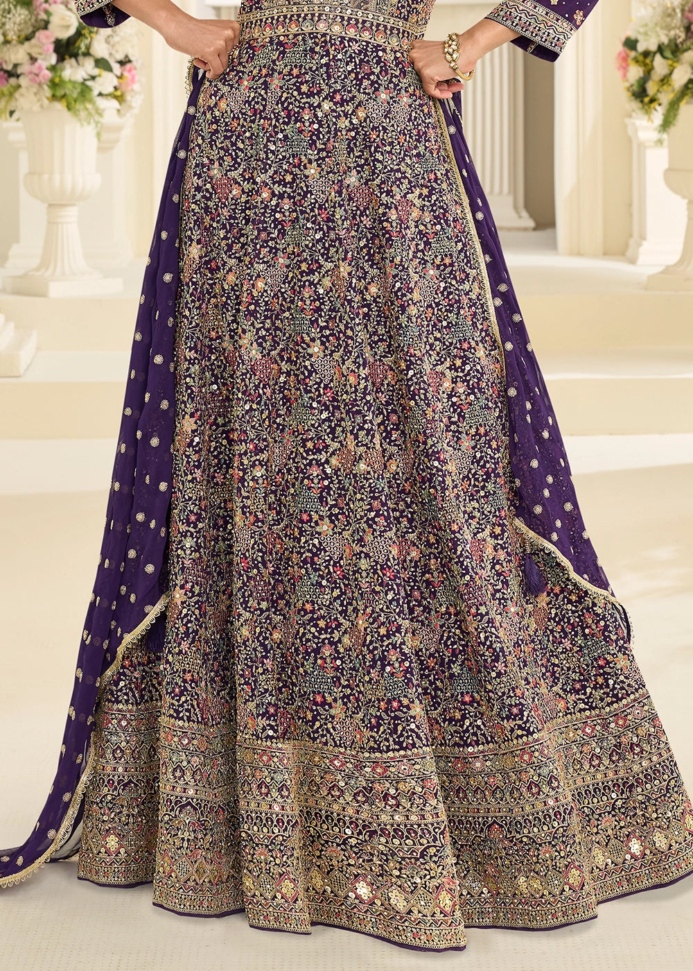 Indigo Purple Georgette Anarkali Gown with All-Over Zarkan Embroidery