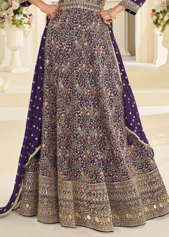 Indigo Purple Georgette Anarkali Gown with All-Over Zarkan Embroidery