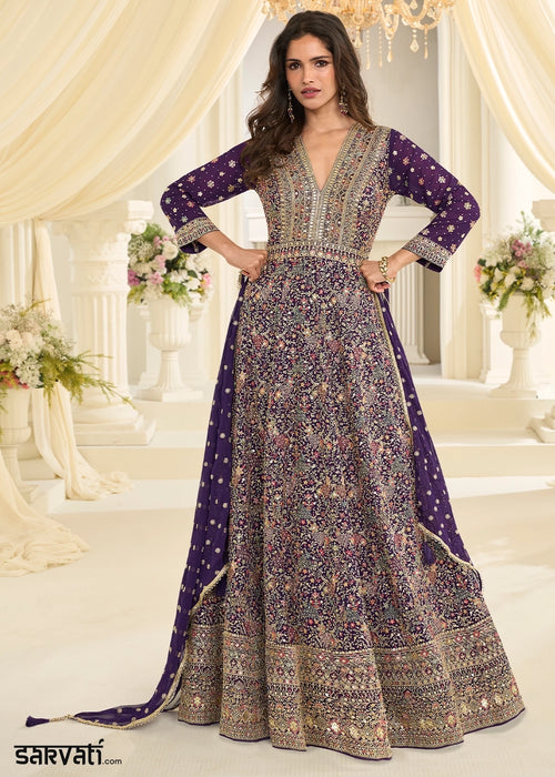 Indigo Purple Georgette Anarkali Gown with All-Over Zarkan Embroidery
