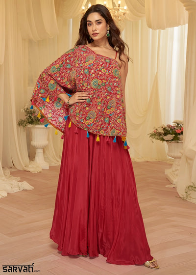 Crimson Red Contemporary Viscose Crepe Top with Blouse and Palazzo