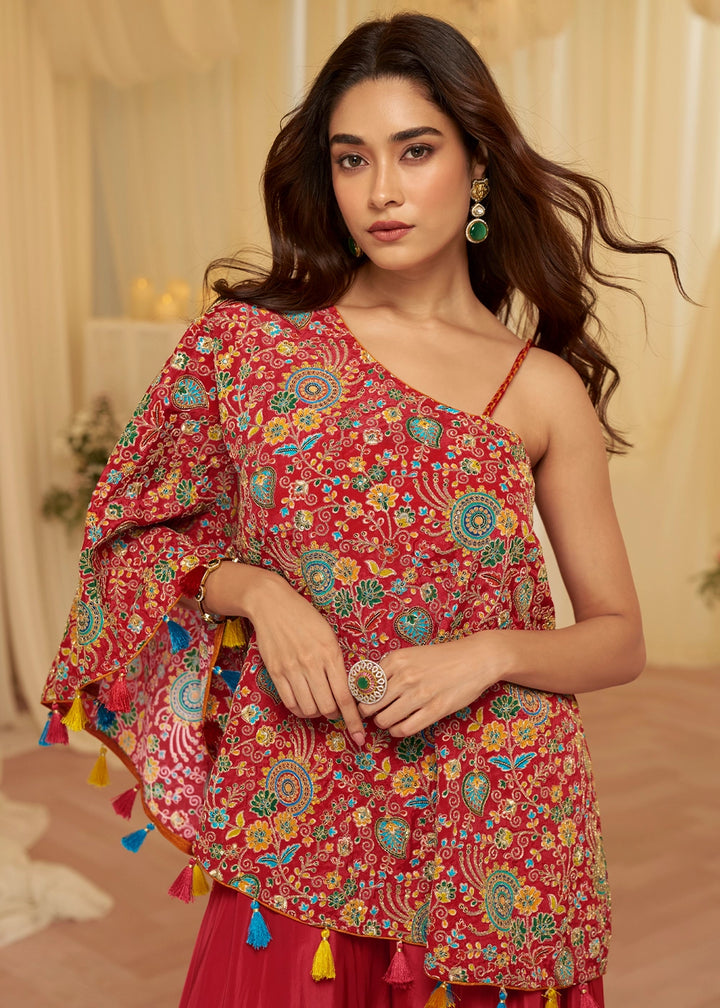 Crimson Red Contemporary Viscose Crepe Top with Blouse and Palazzo