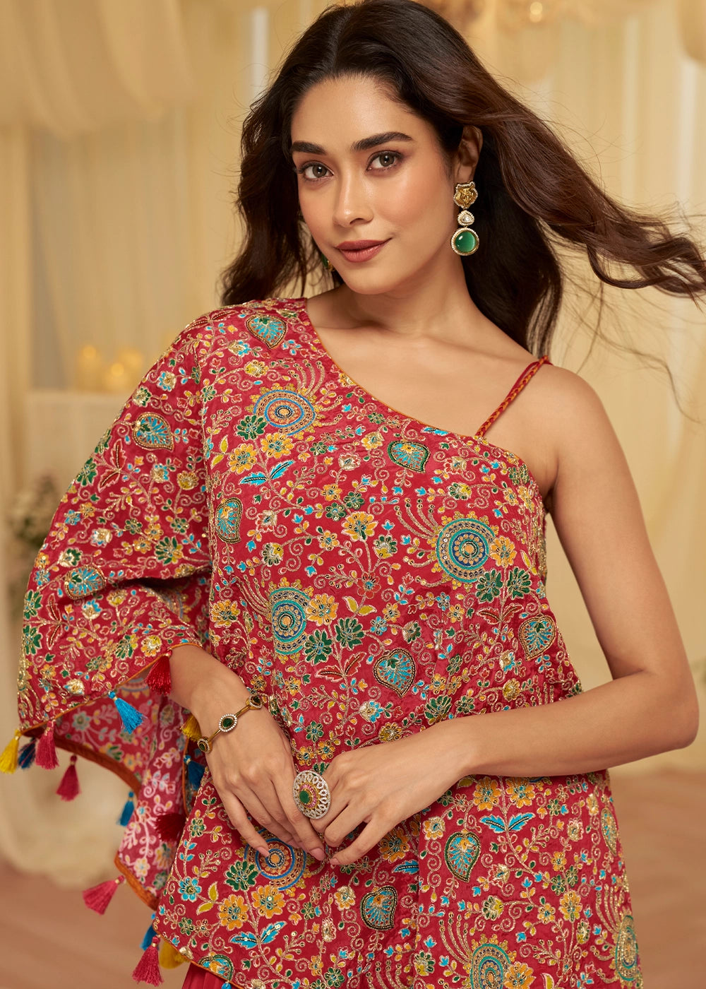 Crimson Red Contemporary Viscose Crepe Top with Blouse and Palazzo