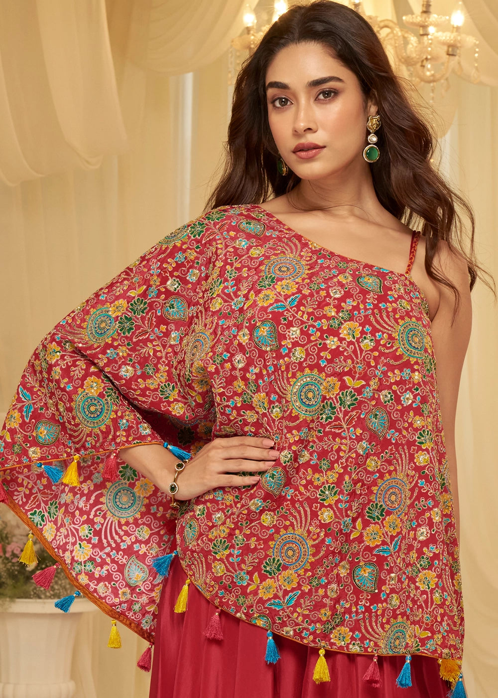 Crimson Red Contemporary Viscose Crepe Top with Blouse and Palazzo