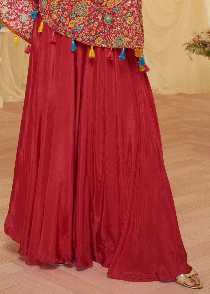 Crimson Red Contemporary Viscose Crepe Top with Blouse and Palazzo