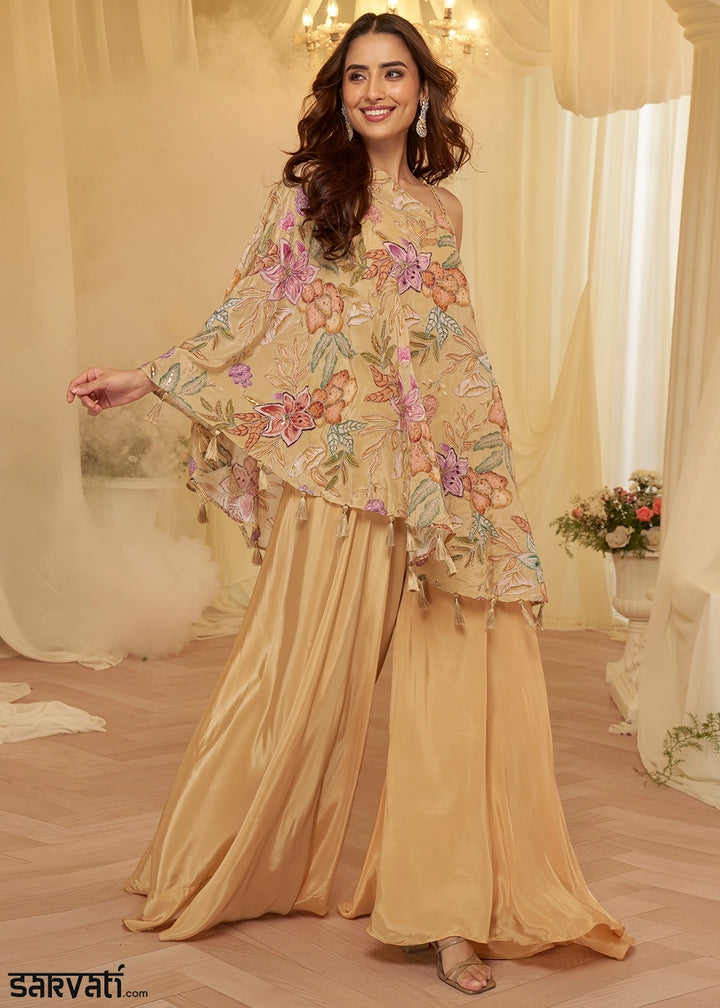 Tan Brown Contemporary Viscose Crepe Top with Blouse and Palazzo