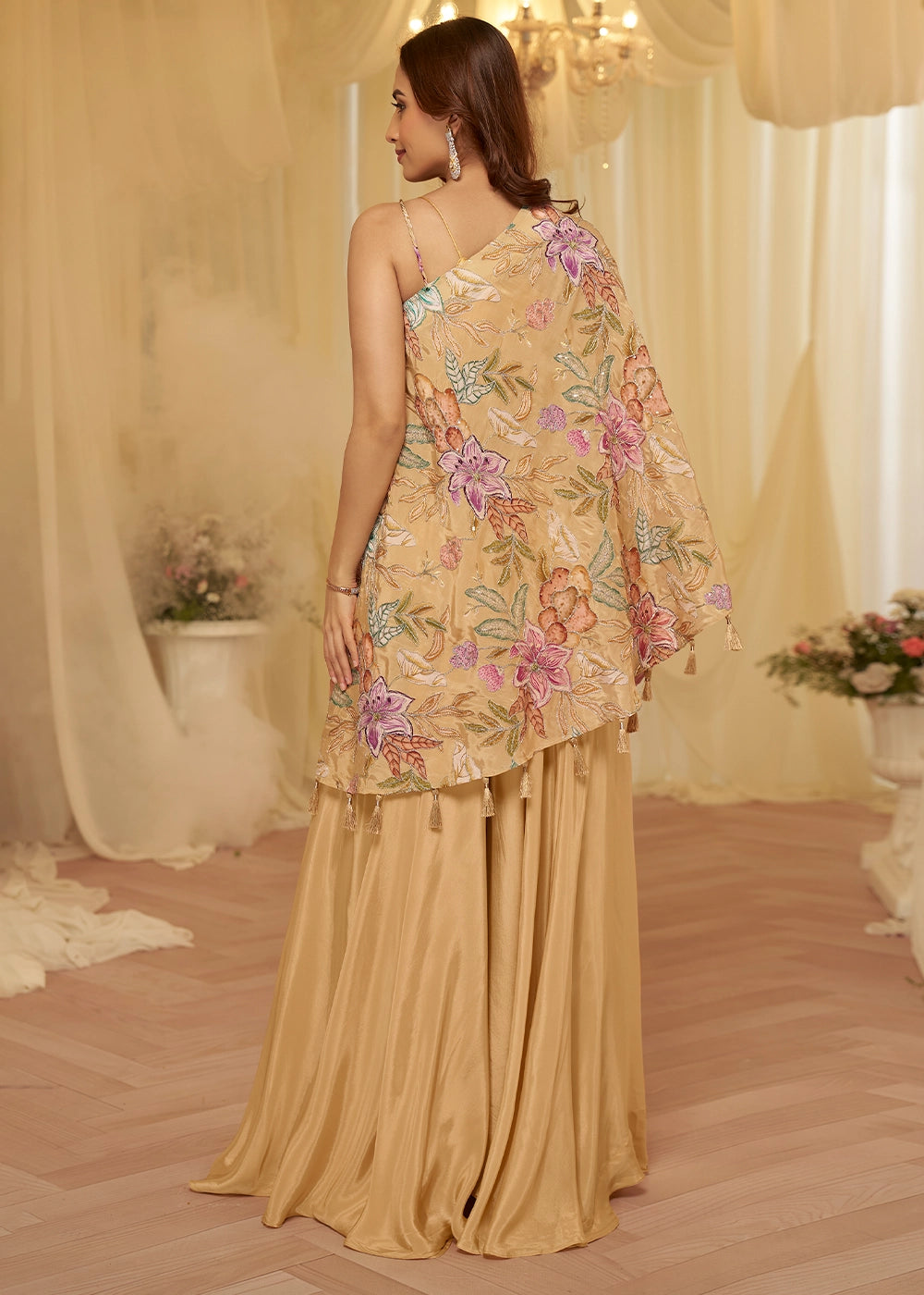 Tan Brown Contemporary Viscose Crepe Top with Blouse and Palazzo