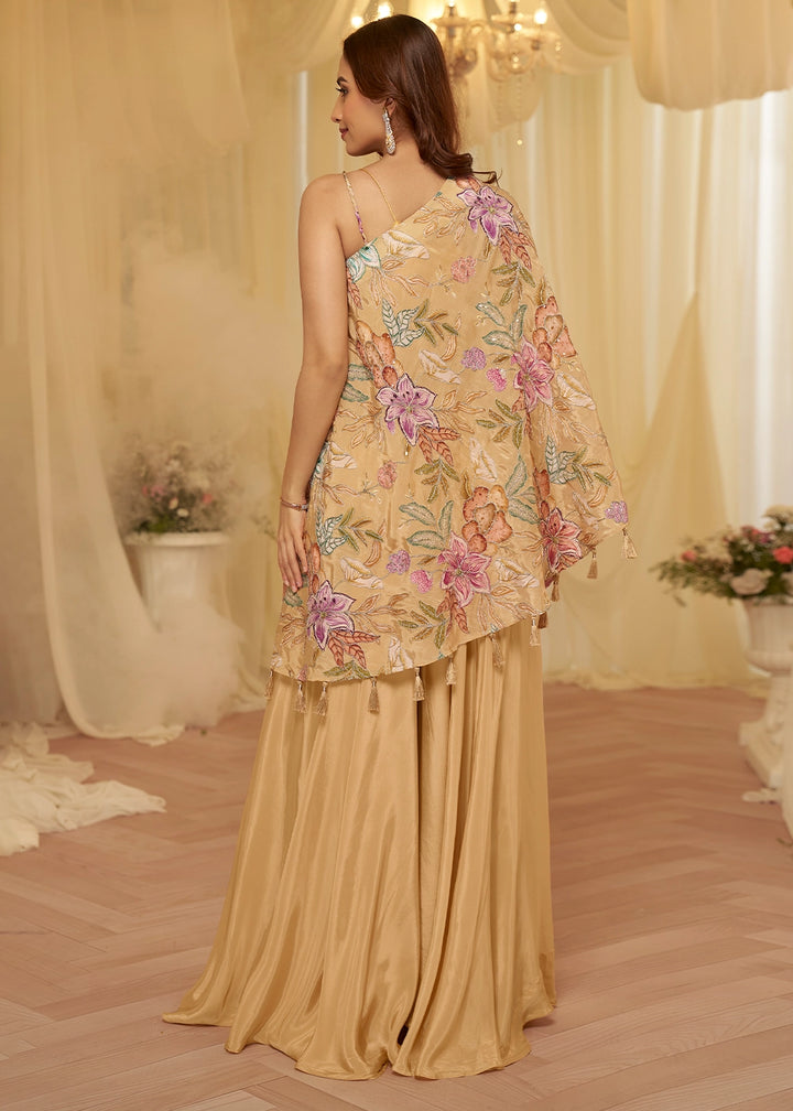 Tan Brown Contemporary Viscose Crepe Top with Blouse and Palazzo