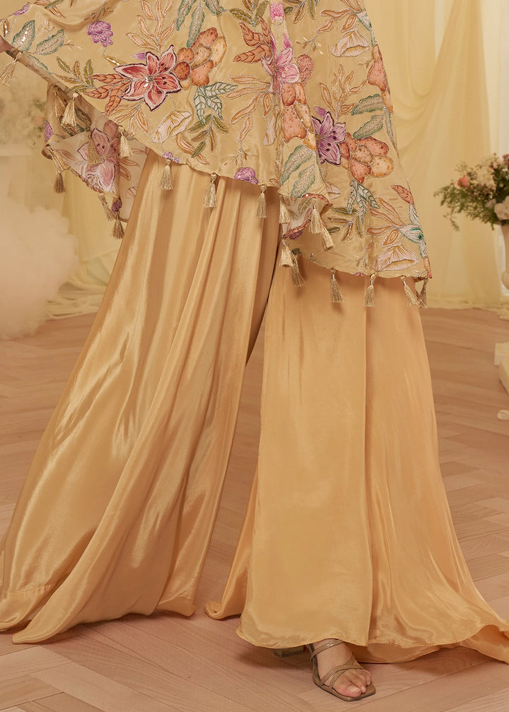 Tan Brown Contemporary Viscose Crepe Top with Blouse and Palazzo