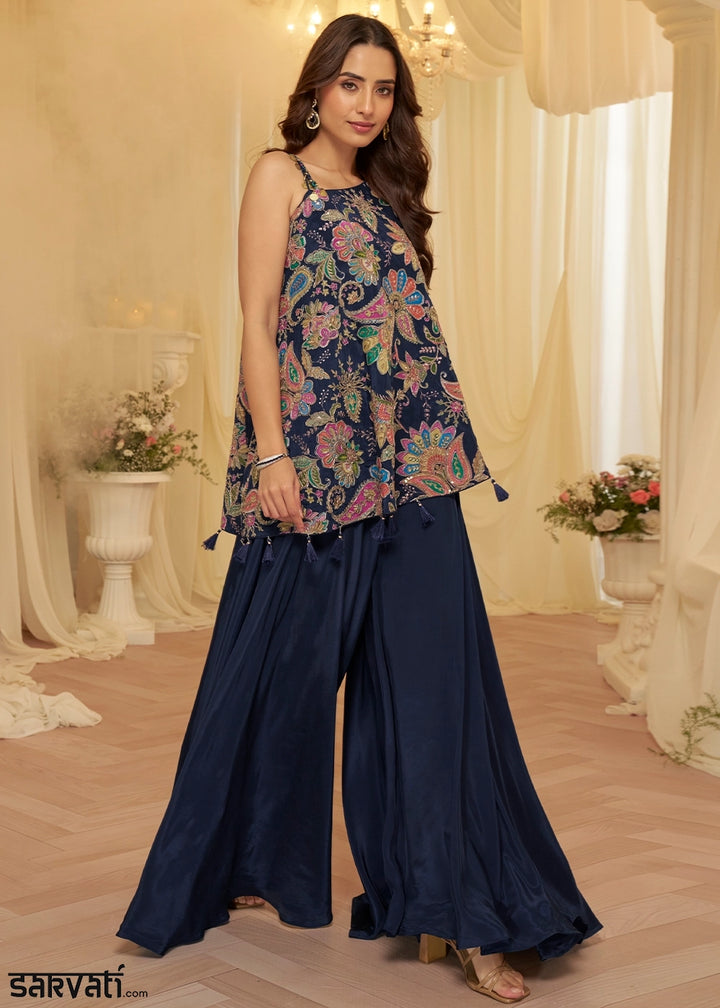 Denim Blue Contemporary Viscose Crepe Top with Blouse and Palazzo