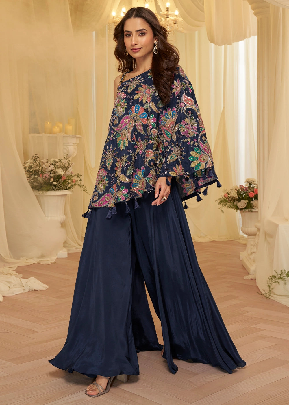 Denim Blue Contemporary Viscose Crepe Top with Blouse and Palazzo