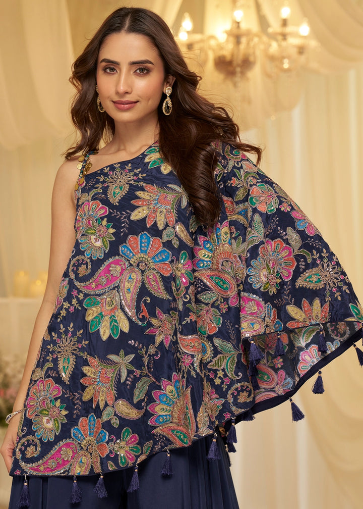 Denim Blue Contemporary Viscose Crepe Top with Blouse and Palazzo