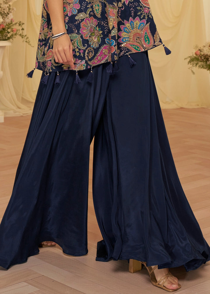 Denim Blue Contemporary Viscose Crepe Top with Blouse and Palazzo