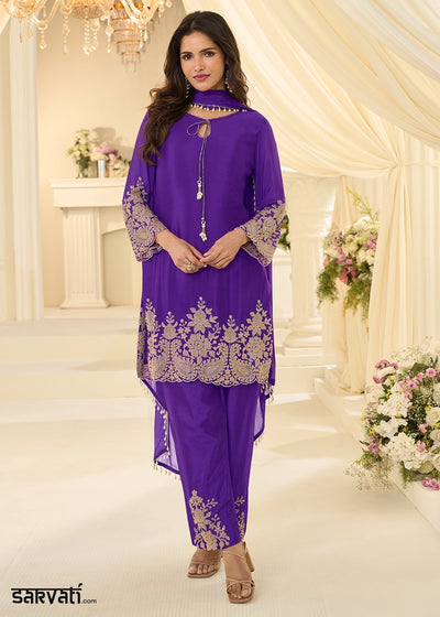 Iris Purple Chinon Silk Pant Suit with Handcrafted Rose Gold Beads