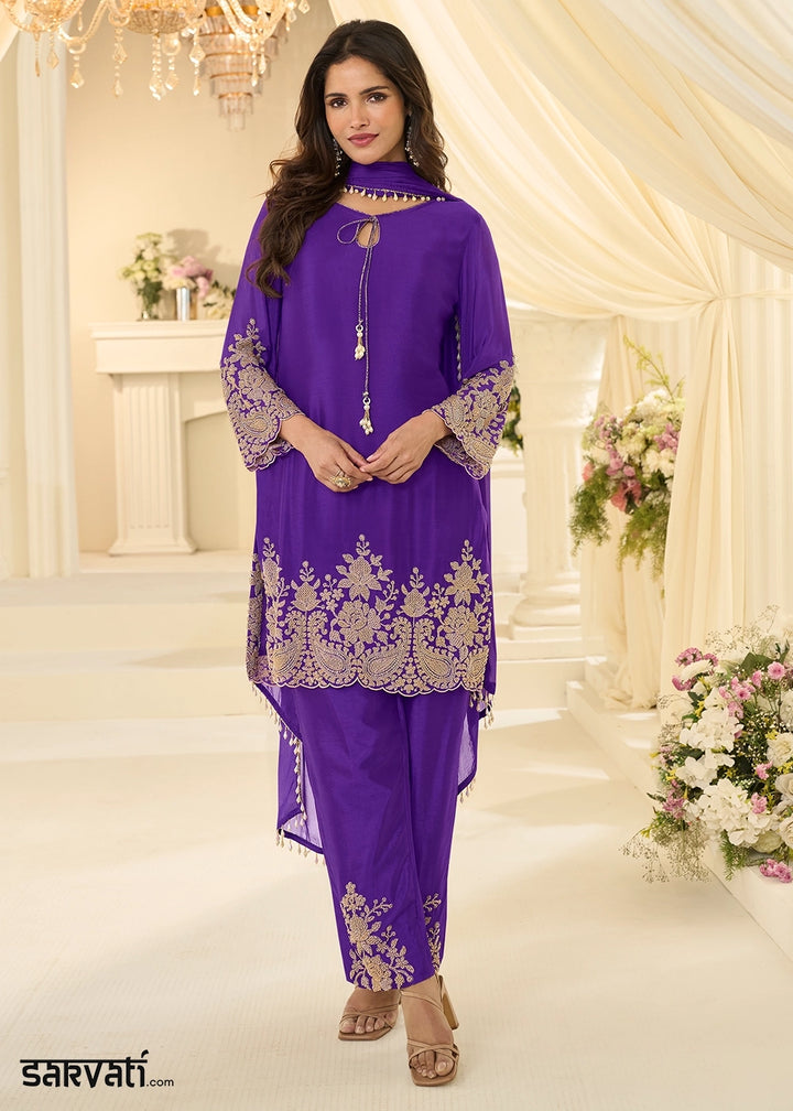 Iris Purple Chinon Silk Pant Suit with Handcrafted Rose Gold Beads