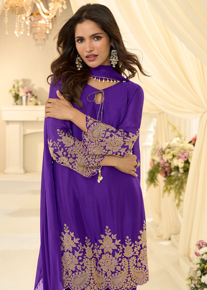 Iris Purple Chinon Silk Pant Suit with Handcrafted Rose Gold Beads