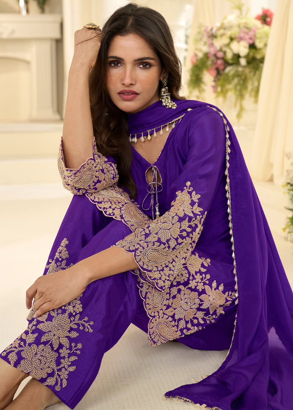 Iris Purple Chinon Silk Pant Suit with Handcrafted Rose Gold Beads