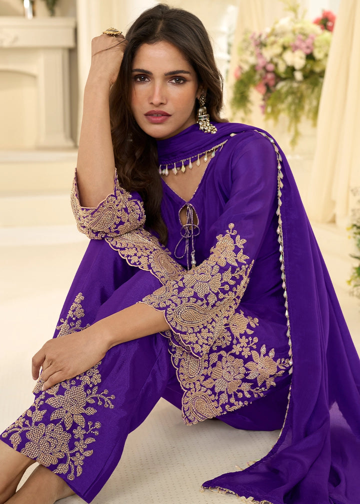 Iris Purple Chinon Silk Pant Suit with Handcrafted Rose Gold Beads