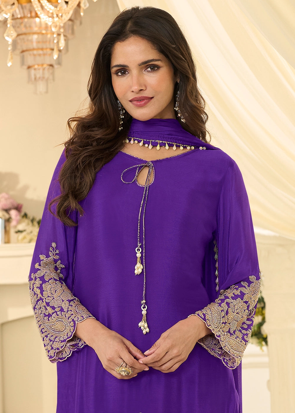 Iris Purple Chinon Silk Pant Suit with Handcrafted Rose Gold Beads