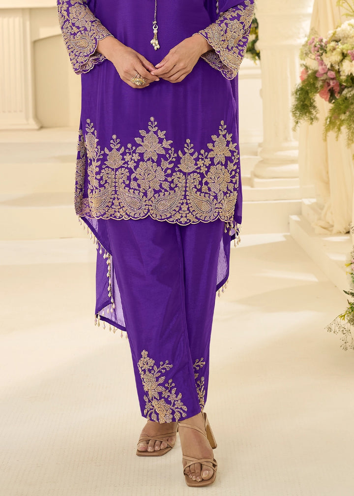 Iris Purple Chinon Silk Pant Suit with Handcrafted Rose Gold Beads