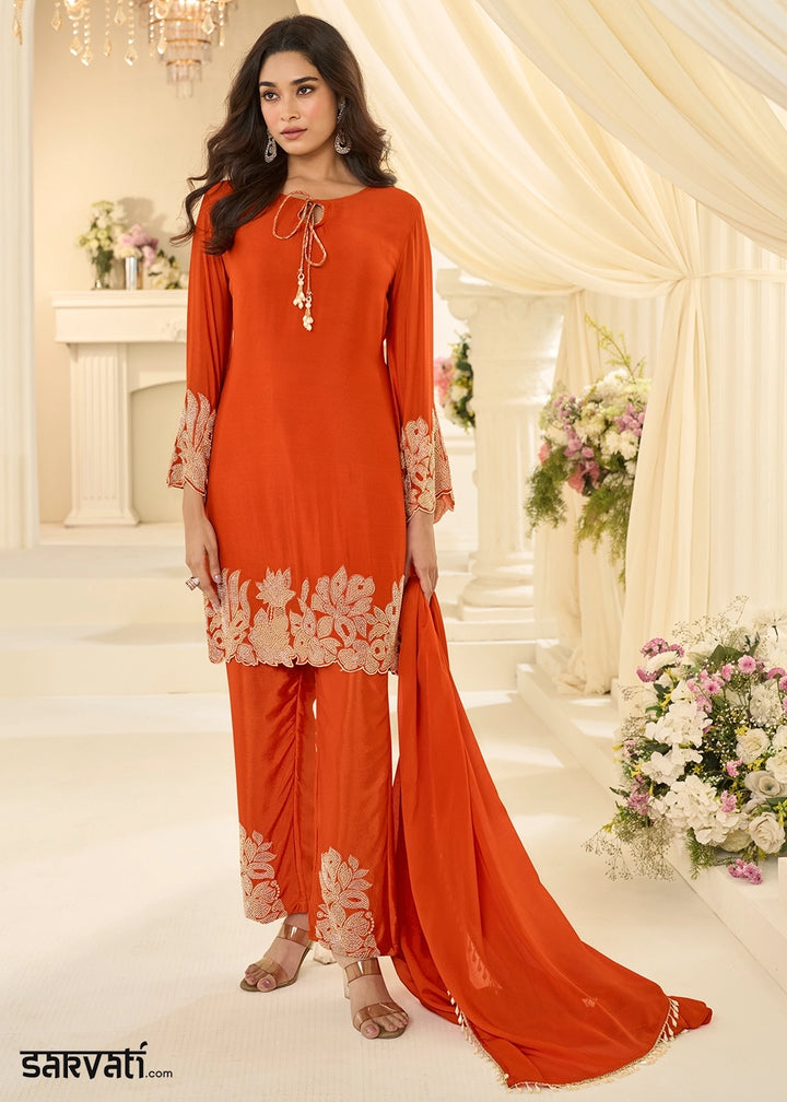 Aerospace Orange Chinon Silk Pant Suit with Handcrafted Rose Gold Beads