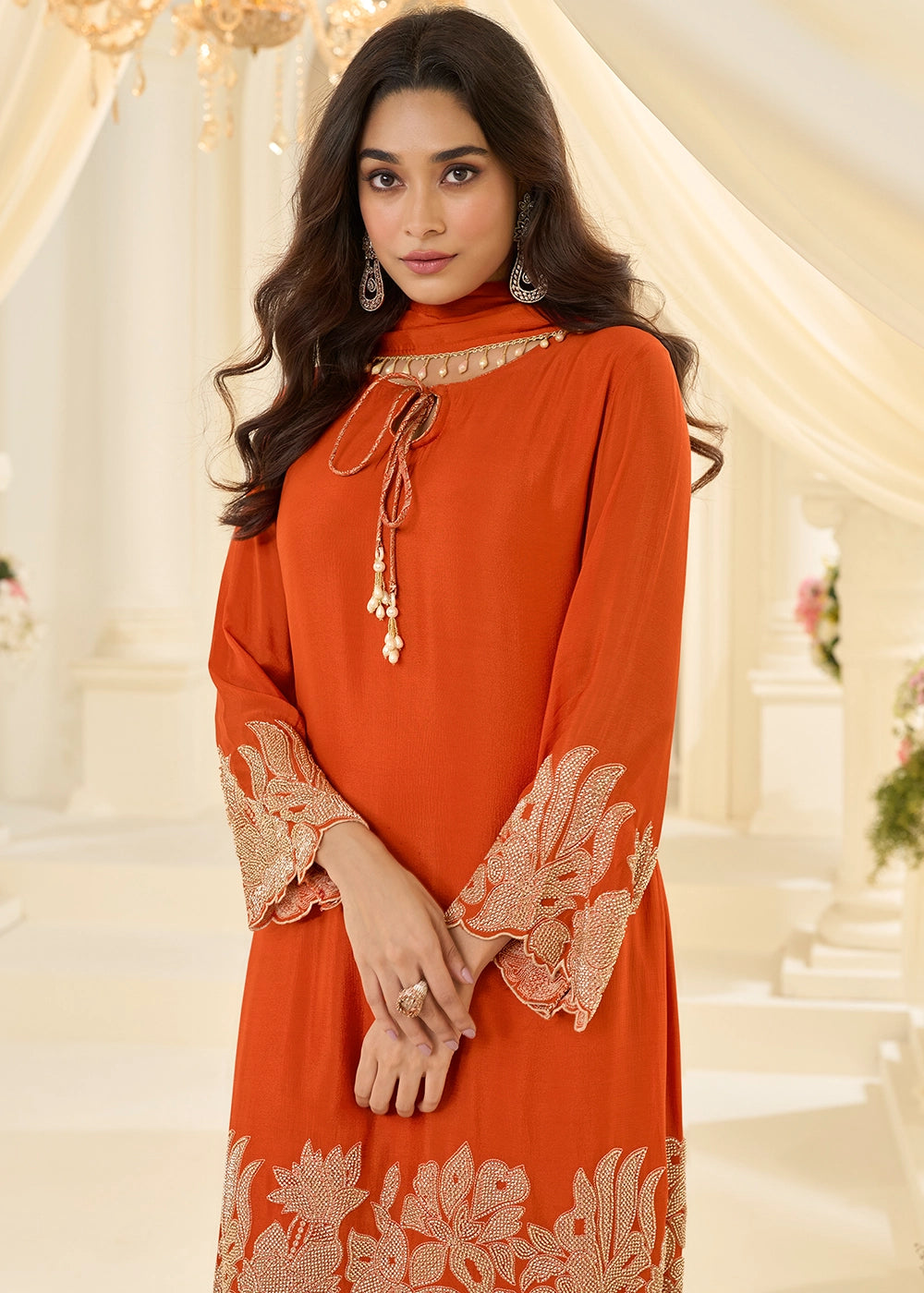 Aerospace Orange Chinon Silk Pant Suit with Handcrafted Rose Gold Beads