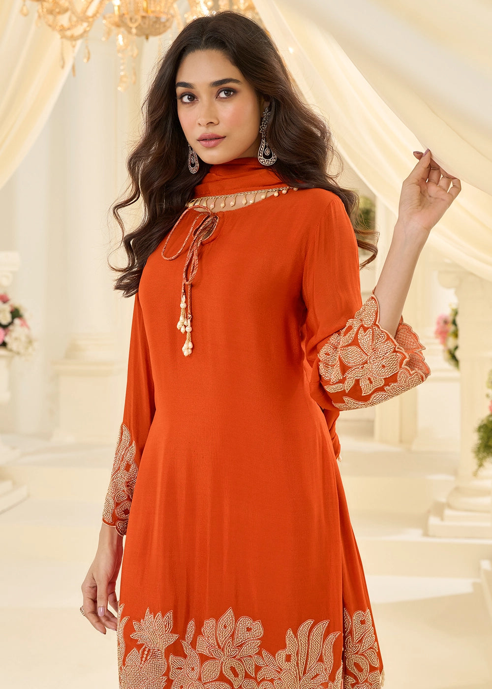 Aerospace Orange Chinon Silk Pant Suit with Handcrafted Rose Gold Beads