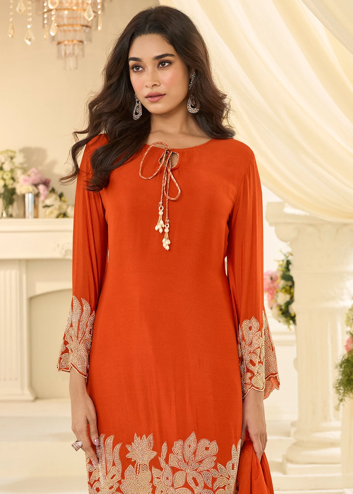 Aerospace Orange Chinon Silk Pant Suit with Handcrafted Rose Gold Beads