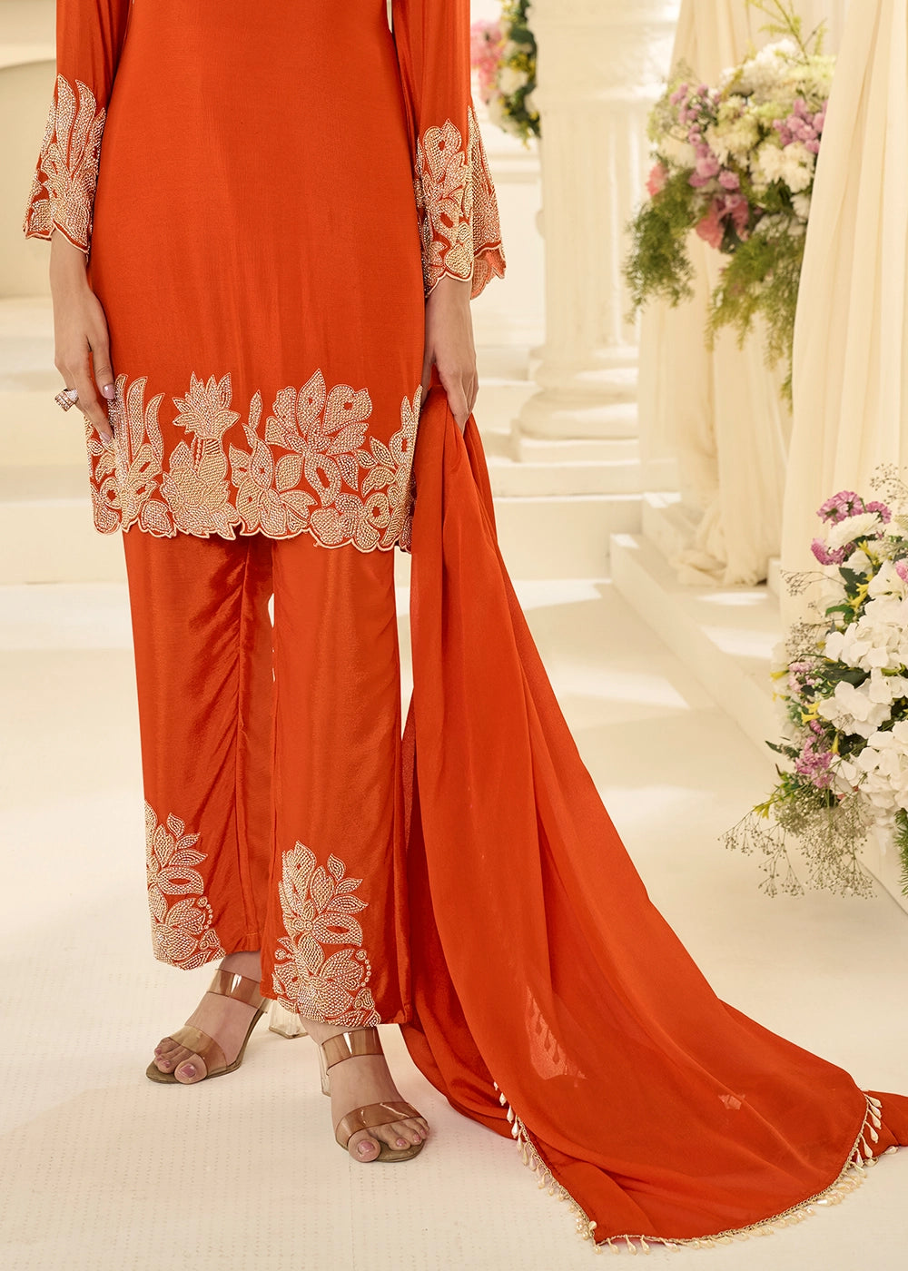 Aerospace Orange Chinon Silk Pant Suit with Handcrafted Rose Gold Beads