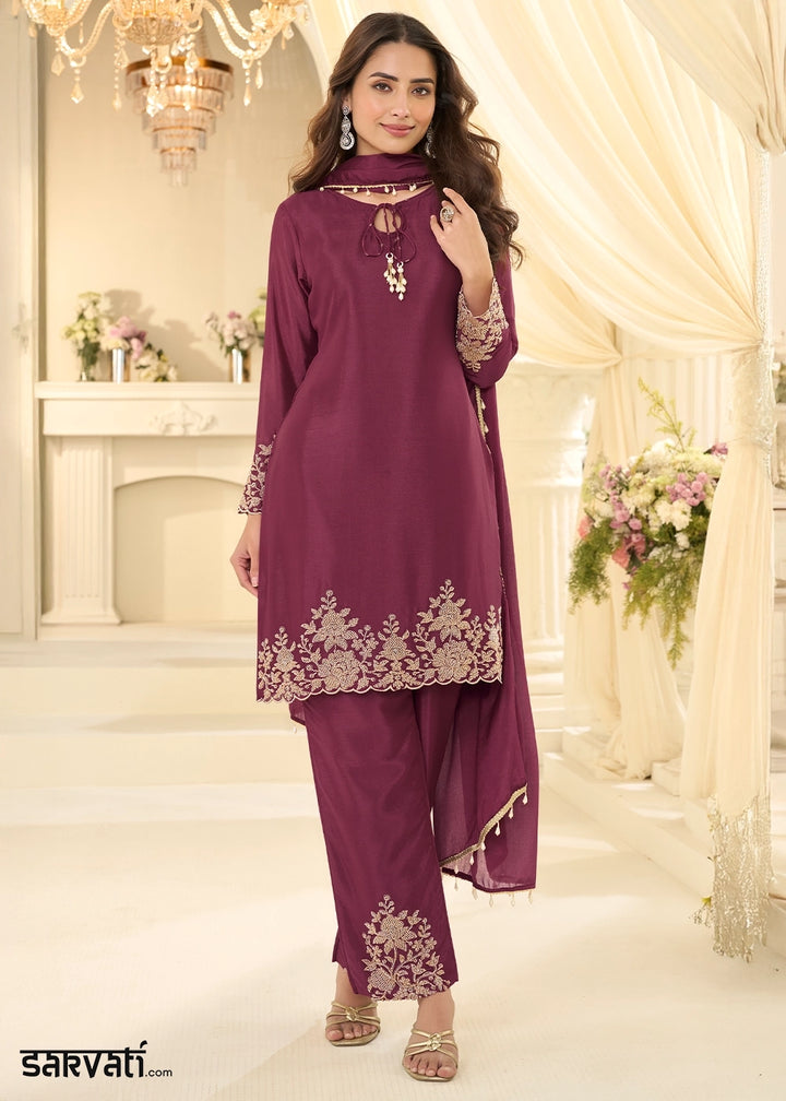 Jam Purple Chinon Silk Pant Suit with Handcrafted Rose Gold Beads