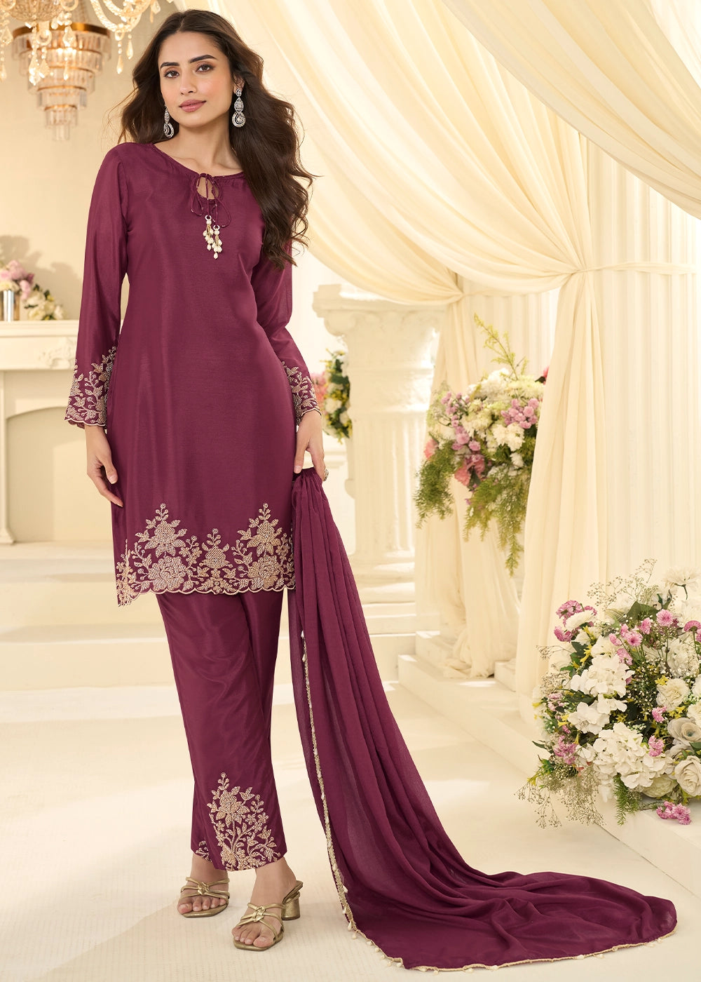 Jam Purple Chinon Silk Pant Suit with Handcrafted Rose Gold Beads