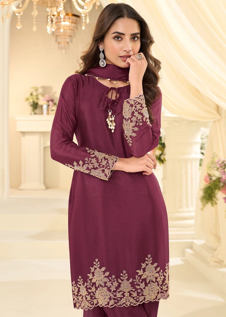 Jam Purple Chinon Silk Pant Suit with Handcrafted Rose Gold Beads