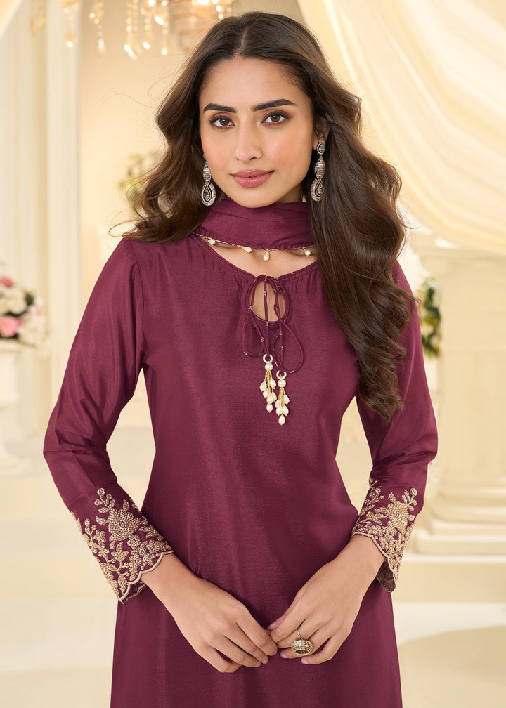 Jam Purple Chinon Silk Pant Suit with Handcrafted Rose Gold Beads