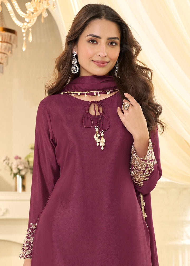 Jam Purple Chinon Silk Pant Suit with Handcrafted Rose Gold Beads