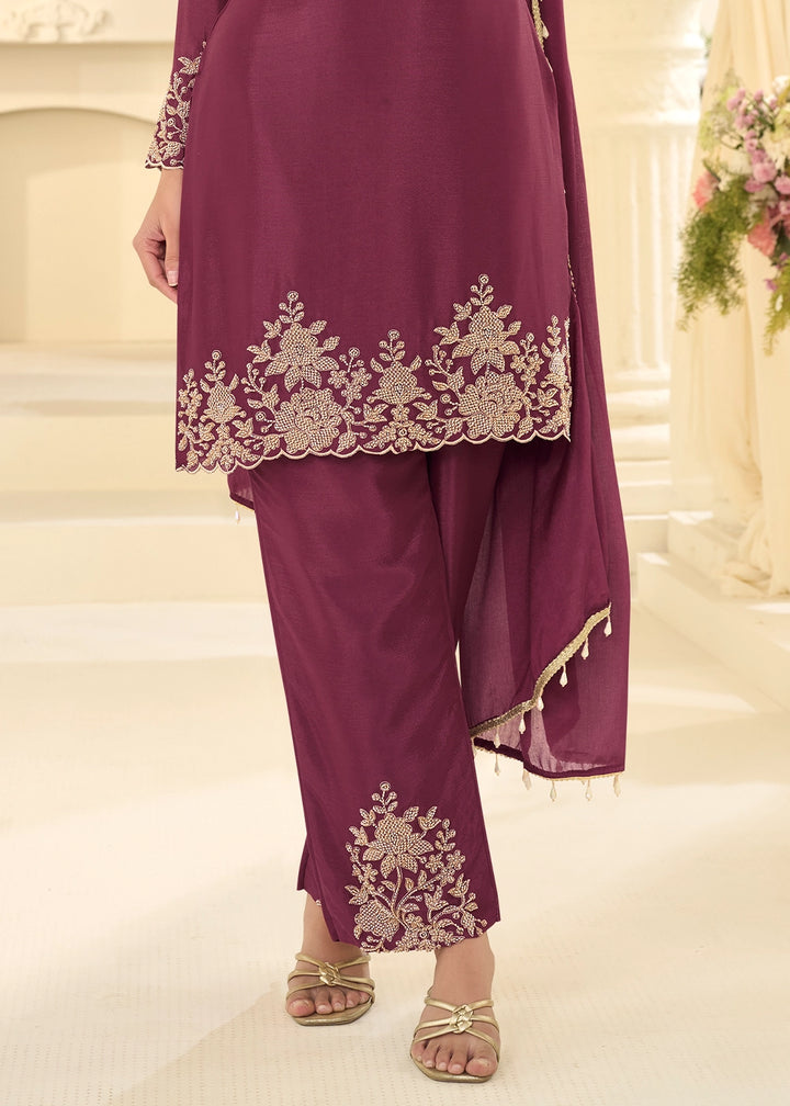 Jam Purple Chinon Silk Pant Suit with Handcrafted Rose Gold Beads