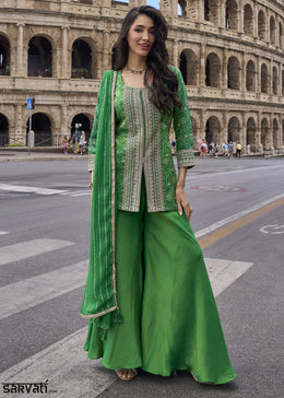 Spanish Green Chinon Silk Sharara Suit with Ornate Craftsmanship