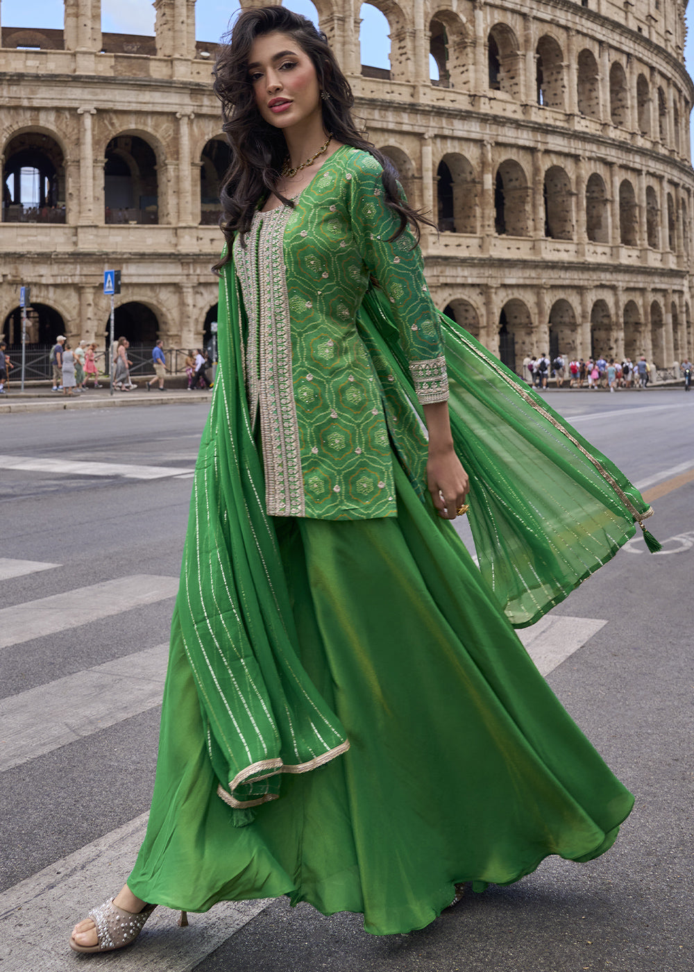 Spanish Green Chinon Silk Sharara Suit with Ornate Craftsmanship
