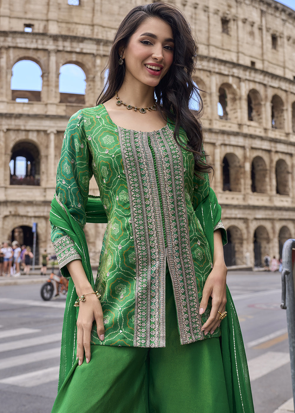 Spanish Green Chinon Silk Sharara Suit with Ornate Craftsmanship