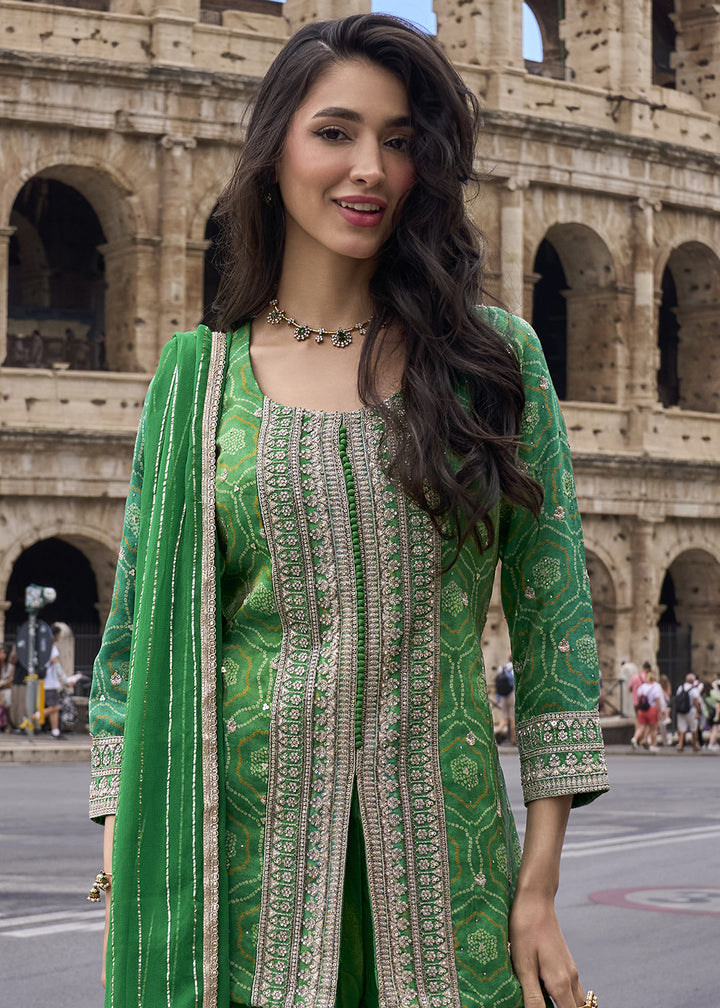 Spanish Green Chinon Silk Sharara Suit with Ornate Craftsmanship