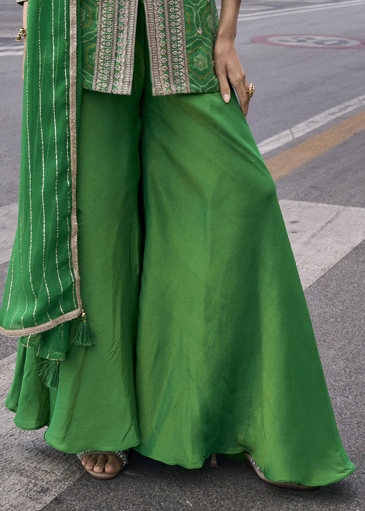 Spanish Green Chinon Silk Sharara Suit with Ornate Craftsmanship