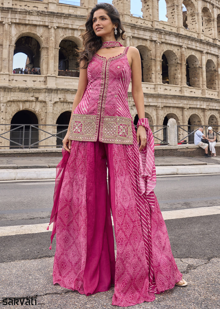 Shades Of Pink Chinon Silk Sharara Suit with Ornate Craftsmanship