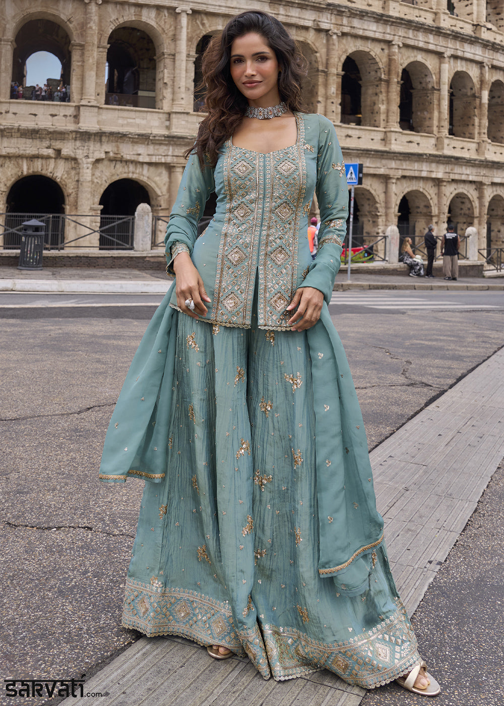 Cornflower Blue Chinon Silk Sharara Suit with Ornate Craftsmanship