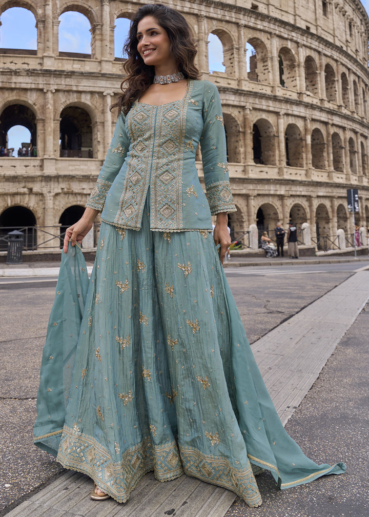 Cornflower Blue Chinon Silk Sharara Suit with Ornate Craftsmanship
