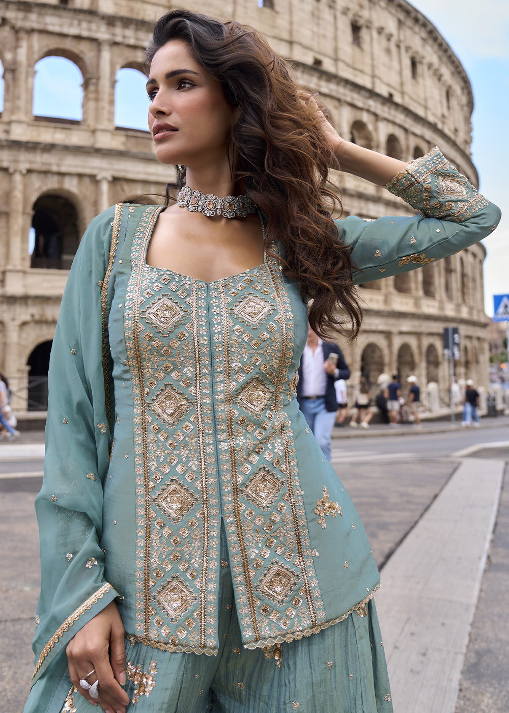Cornflower Blue Chinon Silk Sharara Suit with Ornate Craftsmanship