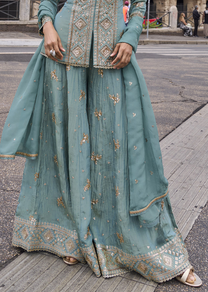 Cornflower Blue Chinon Silk Sharara Suit with Ornate Craftsmanship