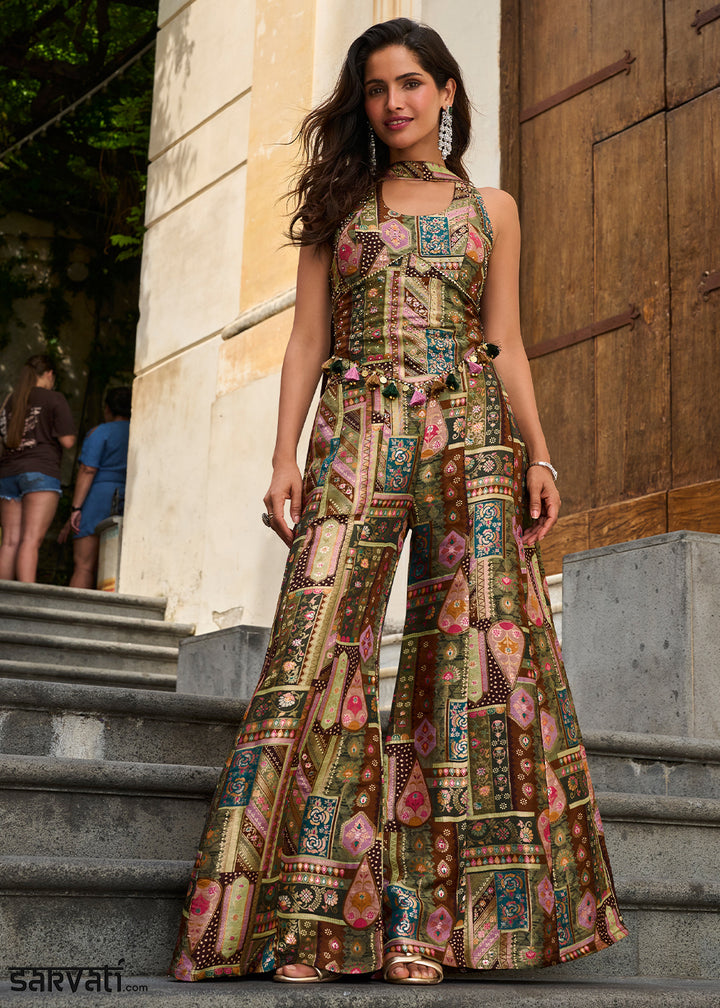 Shades Of Green Jacquard Silk Embellished Corset Palazzo Set