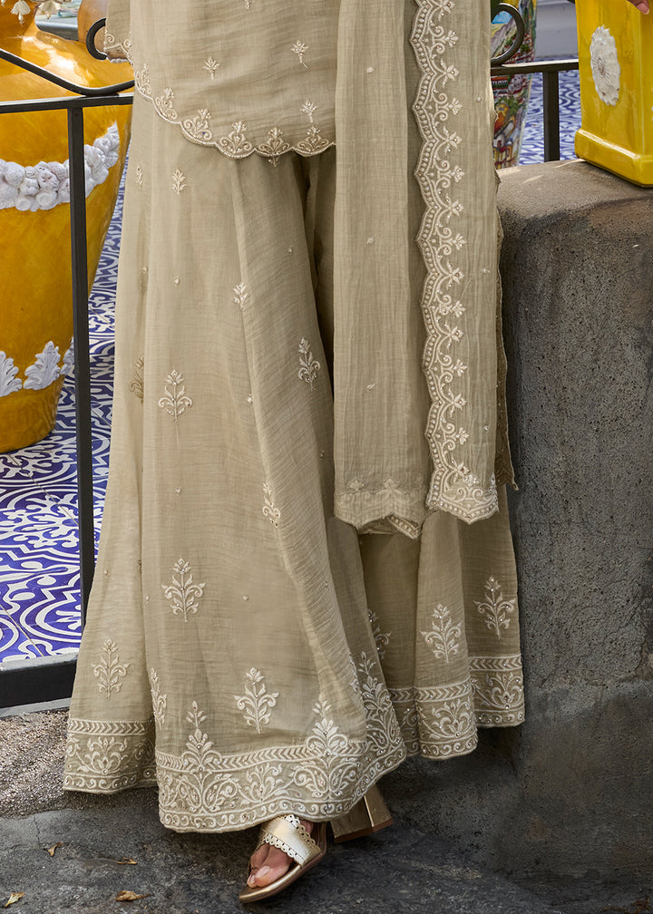Oyster Grey Silk Palazzo Suit with Artistic Floral Threadwork