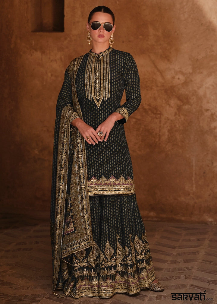 Jade Black Crepe Silk Gharara Suit with Swarovski Embellishments