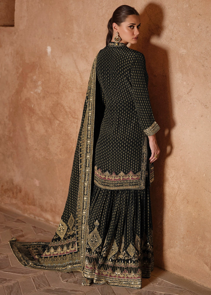 Jade Black Crepe Silk Gharara Suit with Swarovski Embellishments